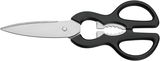 Küchenschere mit schwarzem Griff und Edelstahlklingen, seitliche Ansicht