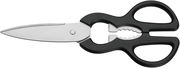 Küchenschere mit schwarzem Griff und Edelstahlklingen, seitliche Ansicht