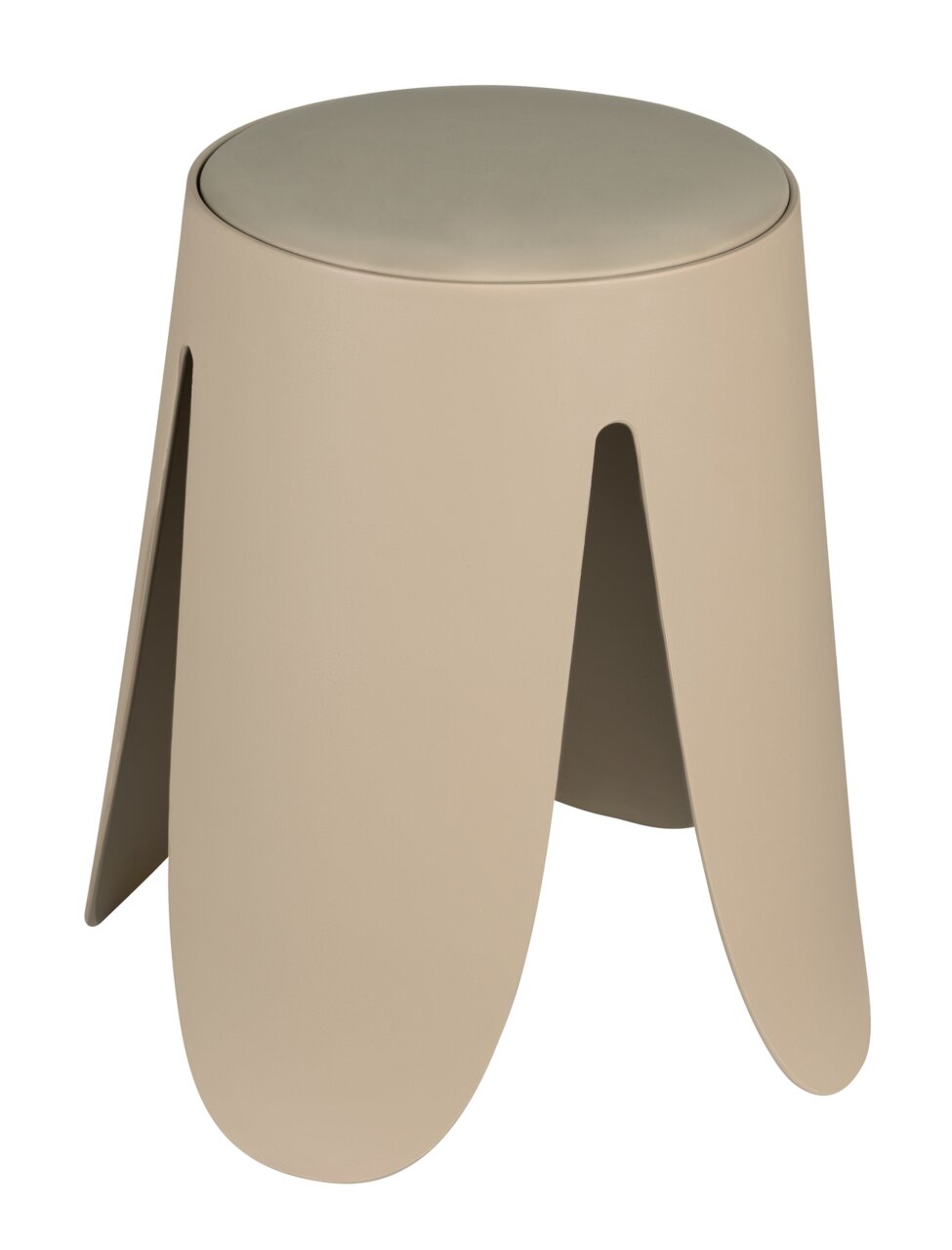 Beiger Universalhocker Comiso aus seitlicher Perspektive, modernes Design mit geschwungenen Beinen.
