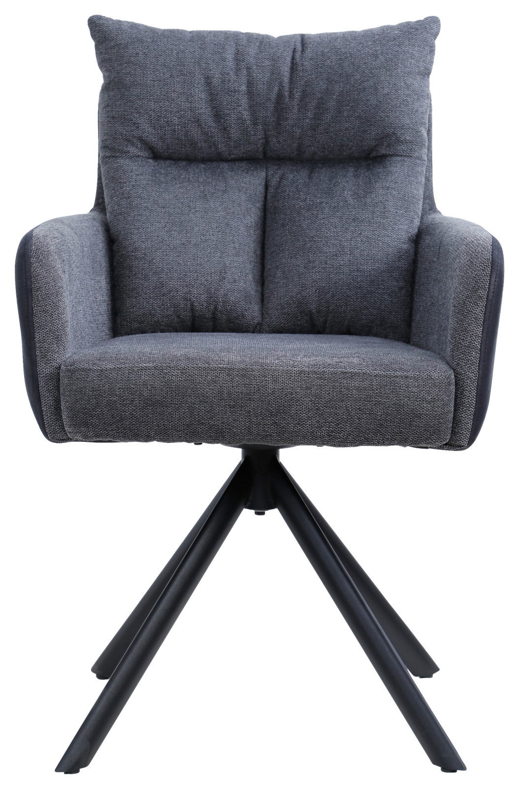 Grauer Armlehnstuhl mit gepolsterter Rückenlehne und schwarzem Metallgestell, Frontalansicht