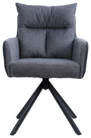 Grauer Armlehnstuhl mit gepolsterter Rückenlehne und schwarzem Metallgestell, Frontalansicht