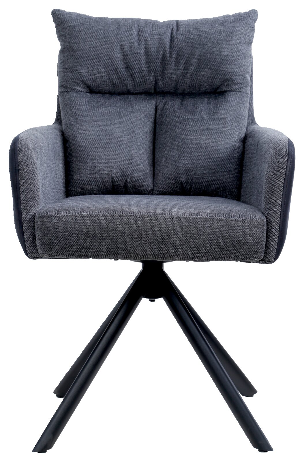 Grijze fauteuil met gestoffeerde rugleuning en zwart metalen frame, vooraanzicht