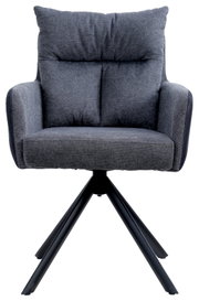 Grijze fauteuil met gestoffeerde rugleuning en zwart metalen frame, vooraanzicht