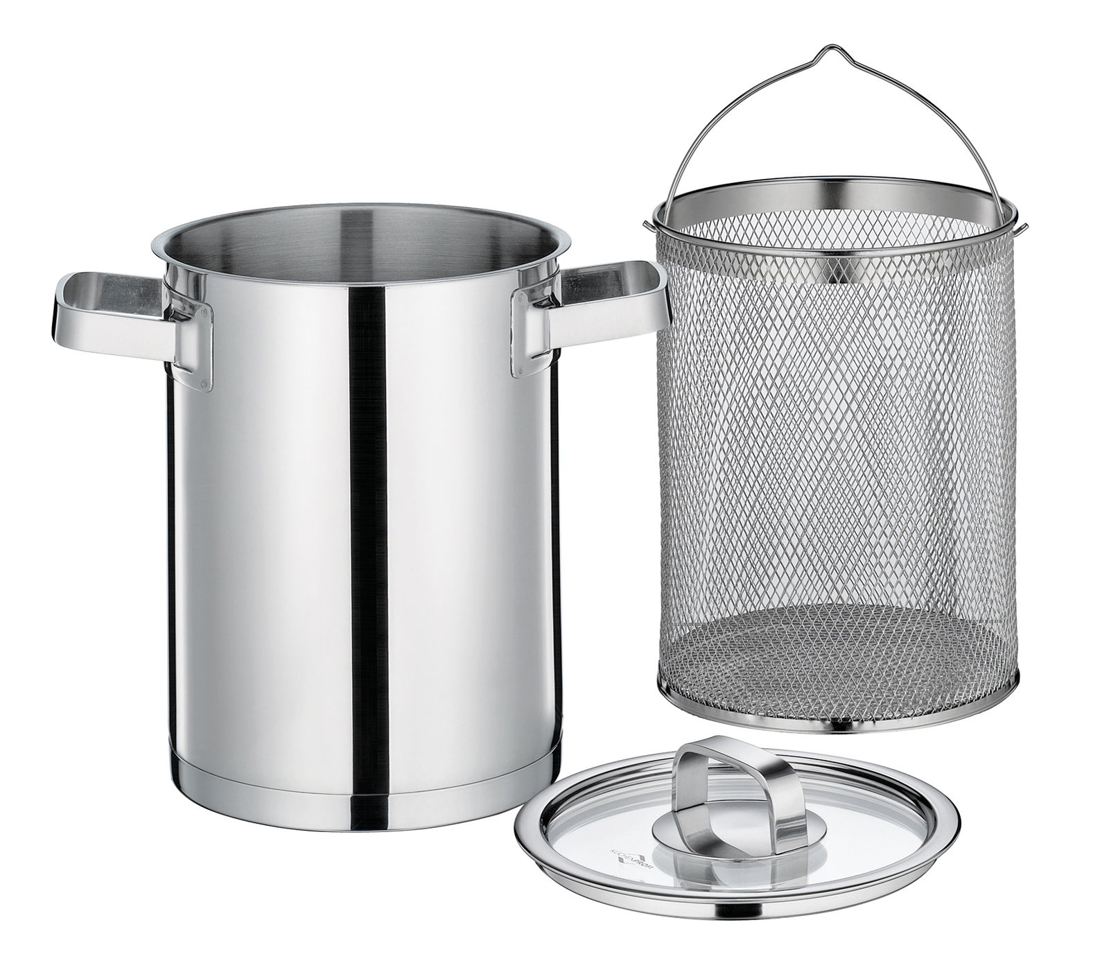 Spargelkocher SAN REMO aus Edelstahl mit herausnehmbarem Gittereinsatz und Deckel, seitliche Perspektive