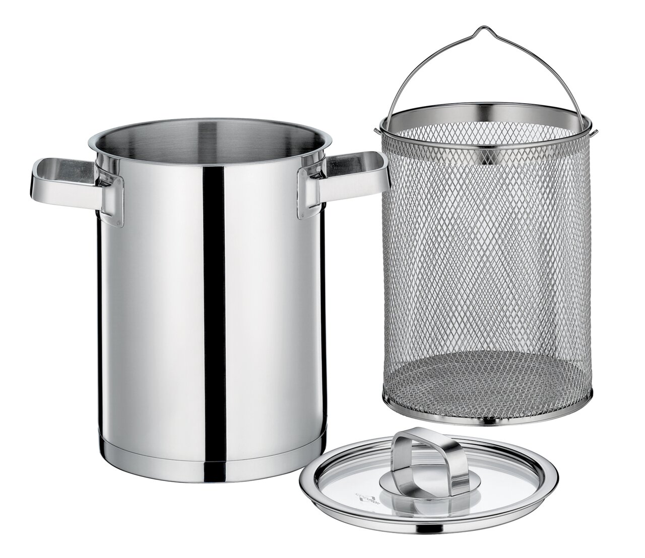 Spargelkocher SAN REMO aus Edelstahl mit herausnehmbarem Gittereinsatz und Deckel, seitliche Perspektive