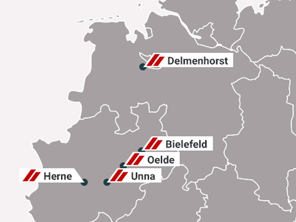 Eine Karte mit markierten Städten in Deutschland: Delmenhorst, Herne, Bielefeld, Oelde und Unna.