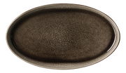 Ovale Platte in dunklem, gesprenkeltem Design, von oben betrachtet.