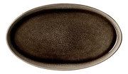 Ovale Platte in dunklem, gesprenkeltem Design, von oben betrachtet.
