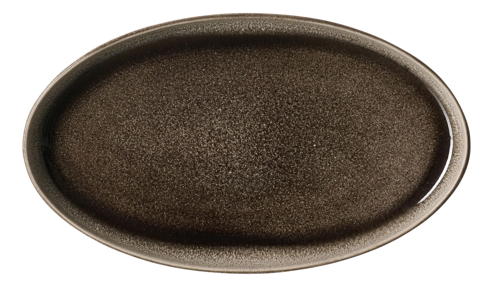 Ovale Platte in dunklem, gesprenkeltem Design, von oben betrachtet.