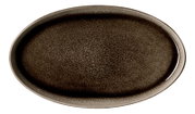 Ovale Platte in dunklem, gesprenkeltem Design, von oben betrachtet.