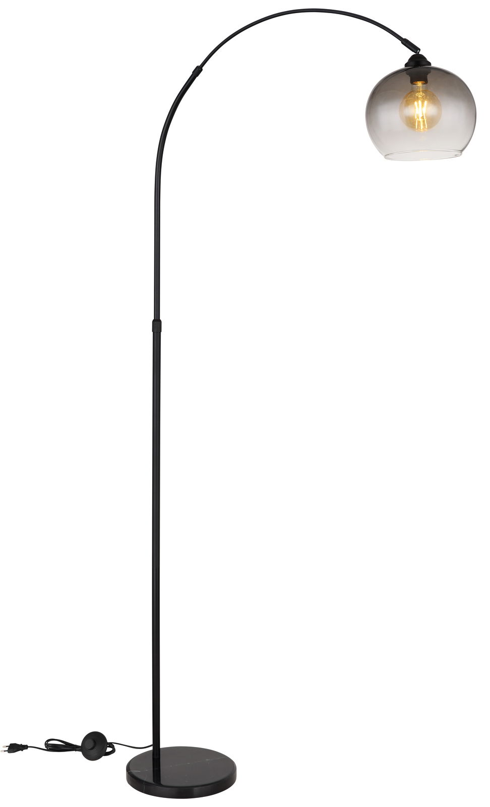 Globo Lighting Stehleuchte NEWCASTLE Moderne Stehleuchte NEWCASTLE mit gebogenem schwarzem Ständer und transparentem Lampenschirm, seitliche Perspektive.