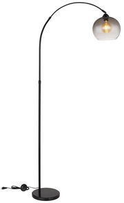 Moderne Stehleuchte NEWCASTLE mit gebogenem schwarzem Ständer und transparentem Lampenschirm, seitliche Perspektive.