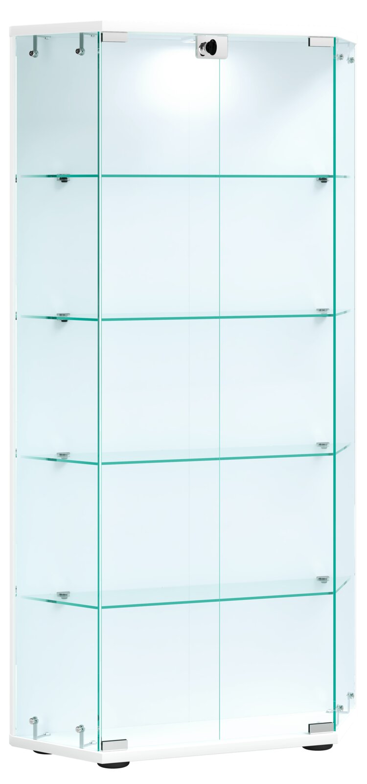 Transparente Glasvitrine mit mehreren Glasböden und silbernen Beschlägen, freistehend auf Sockel, Ansicht von vorne in leichter Schrägperspektive