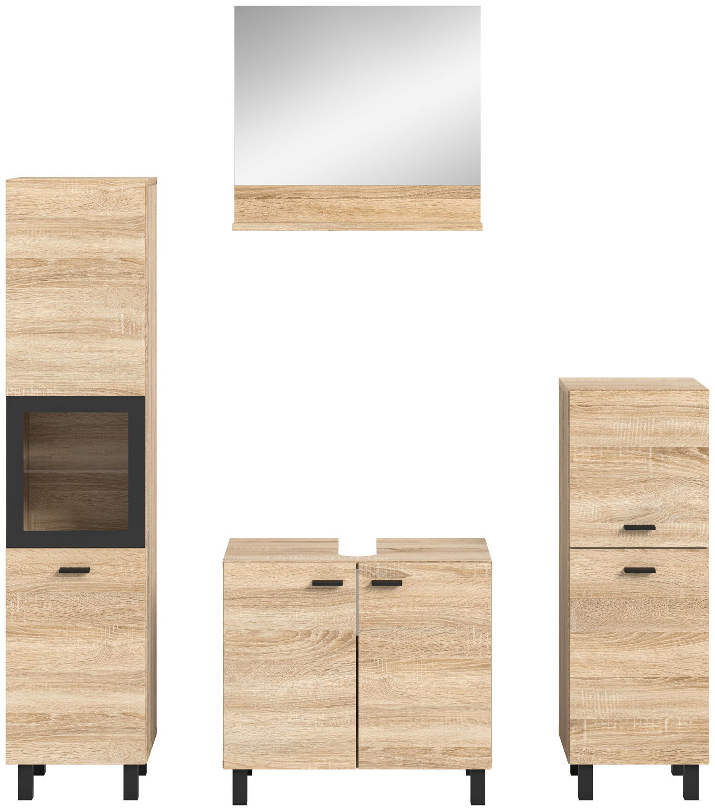 Badkombination BOSTON in Holzoptik mit Spiegel, bestehend aus hohem Schrank, Waschbeckenunterschrank und kleinem Schrank, frontal abgebildet.