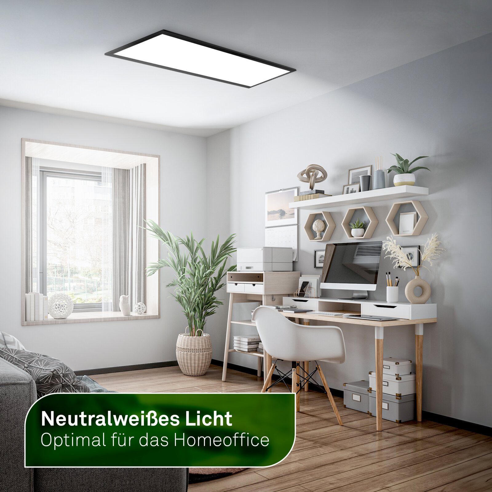 Moderne rechteckige LED-Deckenleuchte mit schwarzem Rahmen und neutralweißem Licht in einem hellen Homeoffice, perspektivisch aus leichtem Untersichtwinkel im Raum dargestellt