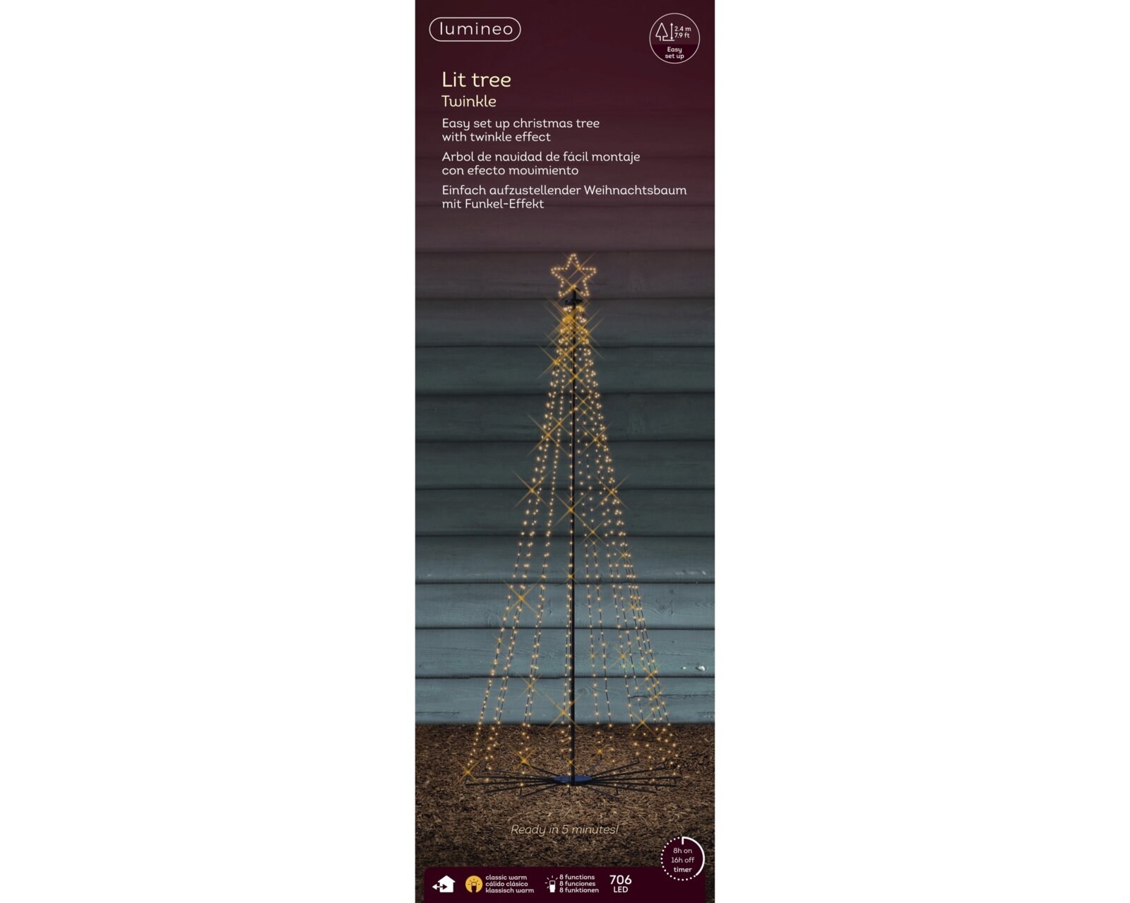Lumineo LED-Weihnachtsbaum Twinkle mit 706 klassisch warmweißen Lichtern, Funkel-Effekt und leuchtender Sternspitze, 2,4 m hoch, in frontaler Gesamtansicht