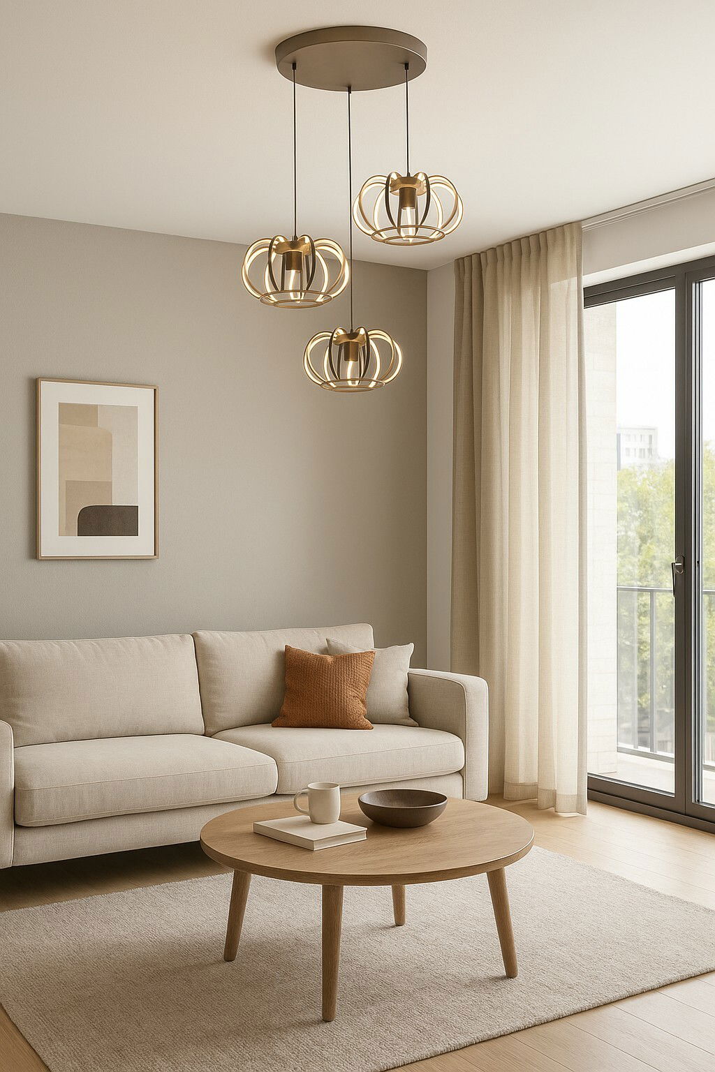 Moderne Pendelleuchte mit drei goldenen Lampenschirmen in einem stilvollen Wohnzimmer, seitliche Perspektive.