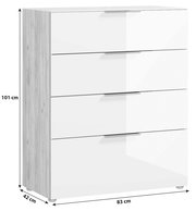 Schubkastenkommode mit vier Schubladen, weiß glänzend mit Holzseiten, Maße 101 cm hoch, 83 cm breit, 42 cm tief, Frontalansicht