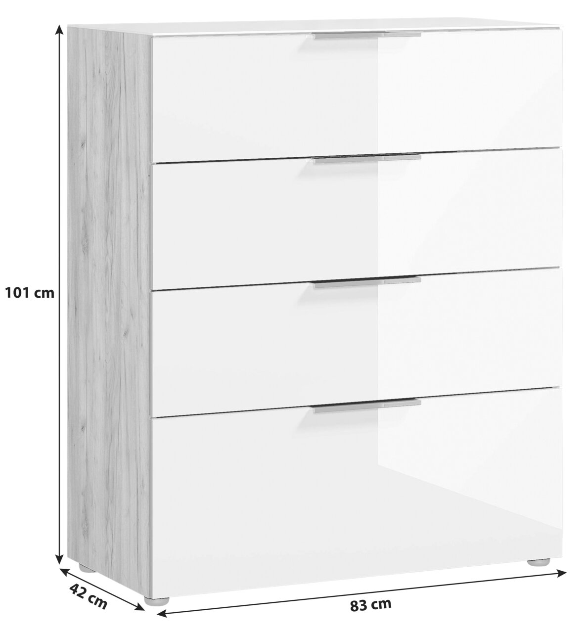 Schubkastenkommode mit vier Schubladen, weiß glänzend mit Holzseiten, Maße 101 cm hoch, 83 cm breit, 42 cm tief, Frontalansicht