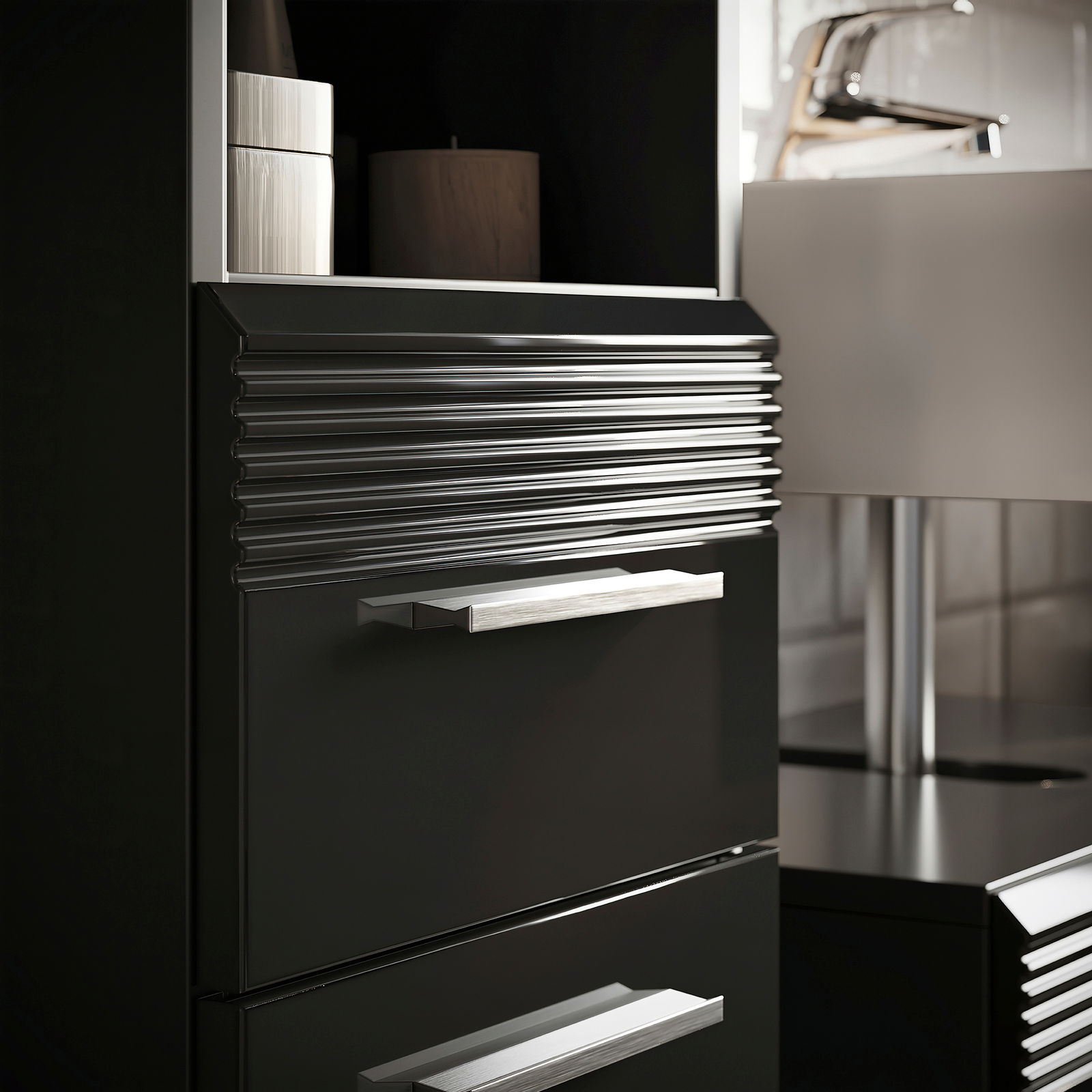 Nahaufnahme einer modernen, schwarzen Badkombination mit glänzenden Griffen und strukturierten Oberflächen, seitliche Perspektive.