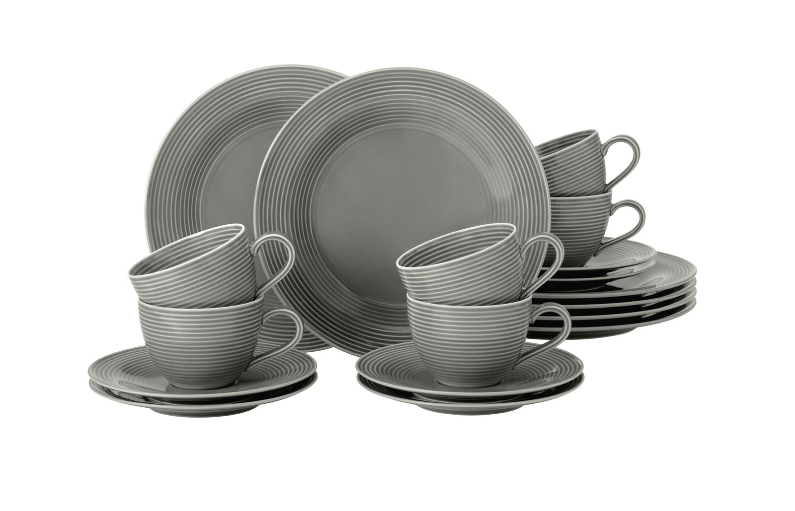 Graues Kaffeeset Beat, 18-teilig, bestehend aus Tassen, Untertassen und Tellern, in einer frontalen Perspektive.
