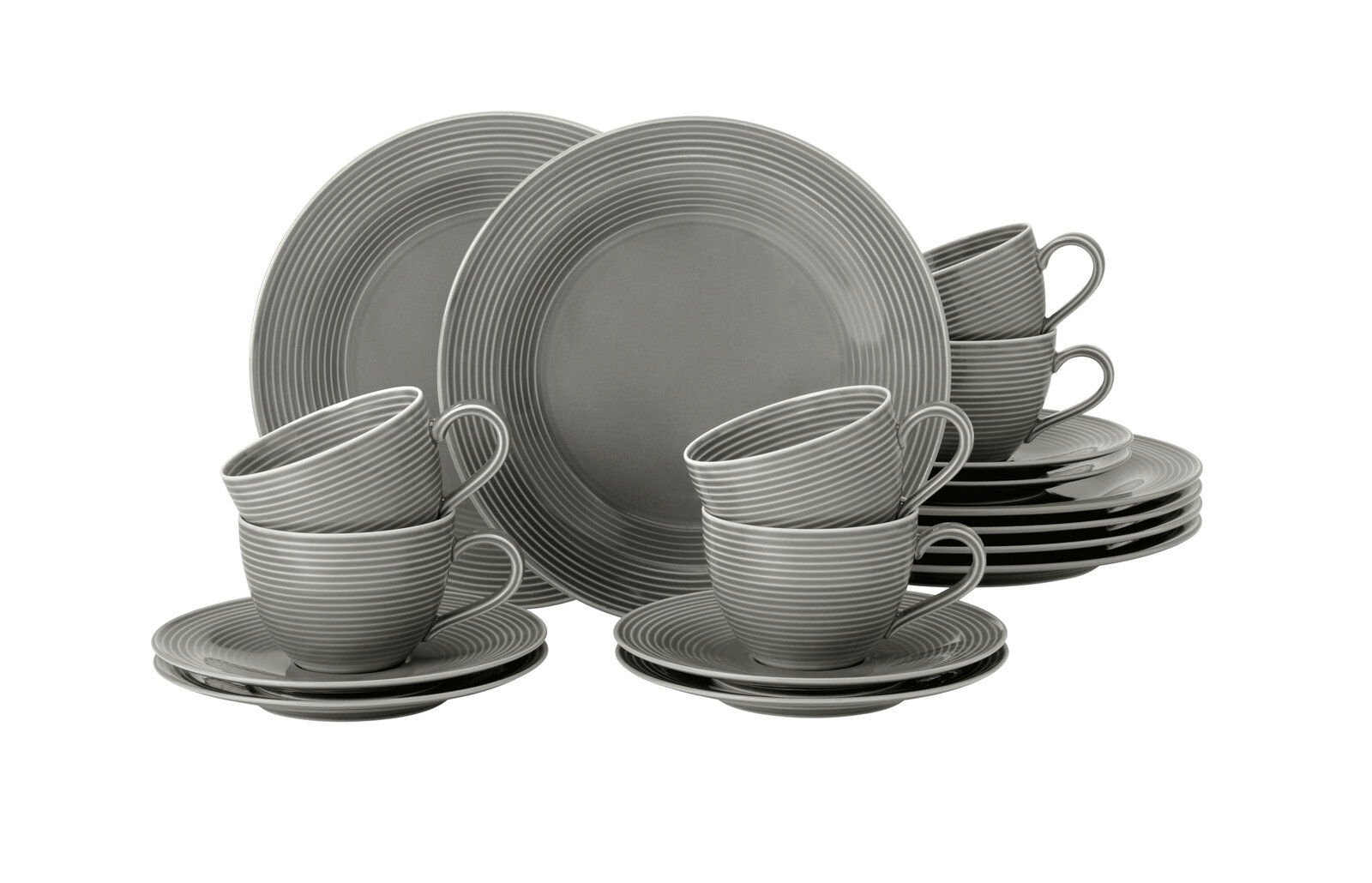 Graues Kaffeeset Beat, 18-teilig, bestehend aus Tassen, Untertassen und Tellern, in einer frontalen Perspektive.
