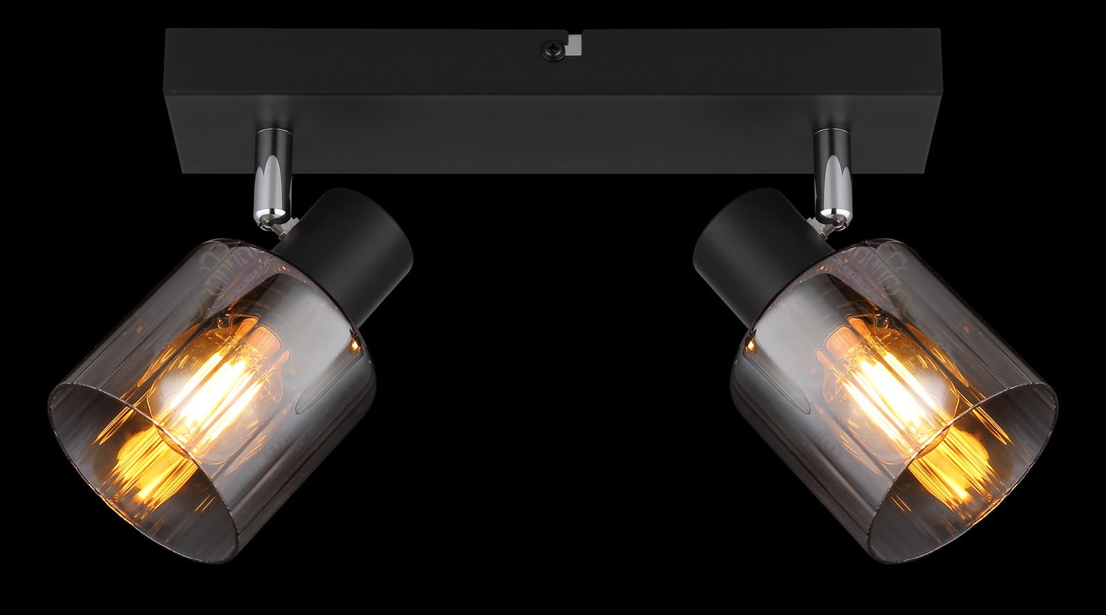 Zweiflammiger Strahler mit rauchgrauen Gläsern und warmem Licht, Ansicht von vorne