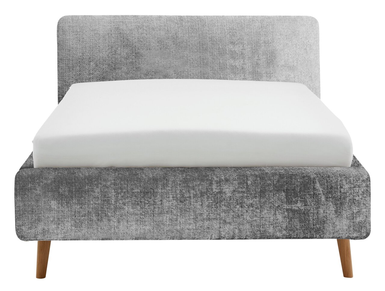 Grijs gestoffeerd bedframe met houten poten, vooraanzicht