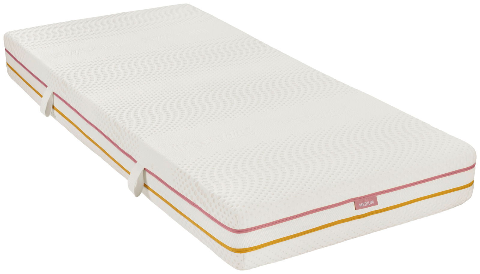 Matratze 120x200 SOFT/MEDIUM in seitlicher Perspektive mit strukturiertem Bezug und farbigen Streifen.