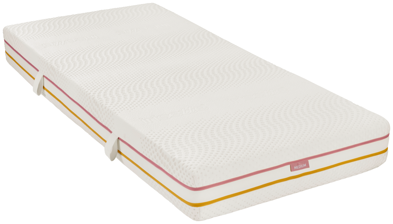 Matratze 120x200 SOFT/MEDIUM in seitlicher Perspektive mit strukturiertem Bezug und farbigen Streifen.