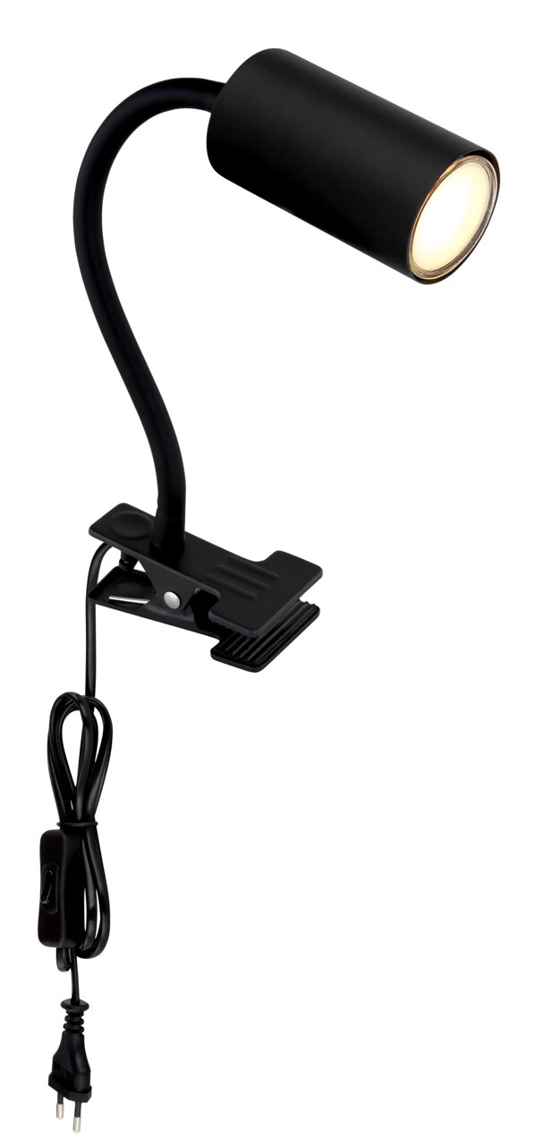 Globo Lighting Klemmstrahler ROBBY Schwarzer Klemmstrahler aus Metall mit flexiblem Hals und Netzkabel, seitliche Perspektive