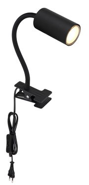 Schwarzer Klemmstrahler aus Metall mit flexiblem Hals und Netzkabel, seitliche Perspektive