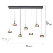 Pendelleuchte RIKA mit sechs hängenden Lampen, rechteckige Deckenhalterung, Maße: 135 cm Breite, 31 cm Tiefe, einstellbare Höhe von 50 bis 180 cm, frontale Ansicht.