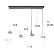 Pendelleuchte RIKA mit sechs hängenden Lampen, rechteckige Deckenhalterung, Maße: 135 cm Breite, 31 cm Tiefe, einstellbare Höhe von 50 bis 180 cm, frontale Ansicht.