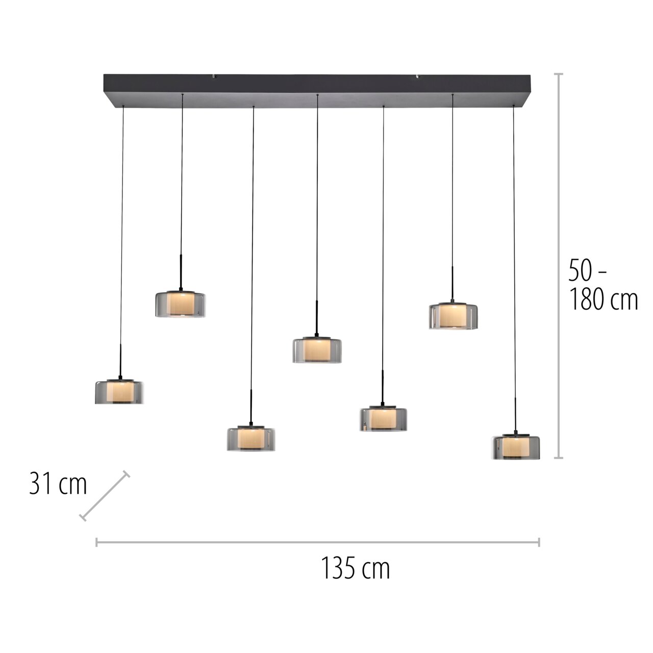 Pendelleuchte RIKA mit sechs hängenden Lampen, rechteckige Deckenhalterung, Maße: 135 cm Breite, 31 cm Tiefe, einstellbare Höhe von 50 bis 180 cm, frontale Ansicht.