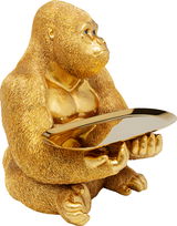 Goldene Deko-Figur eines Gorillas in Butler-Pose mit Tablett, seitliche Perspektive