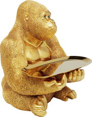 Goldene Deko-Figur eines Gorillas in Butler-Pose mit Tablett, seitliche Perspektive