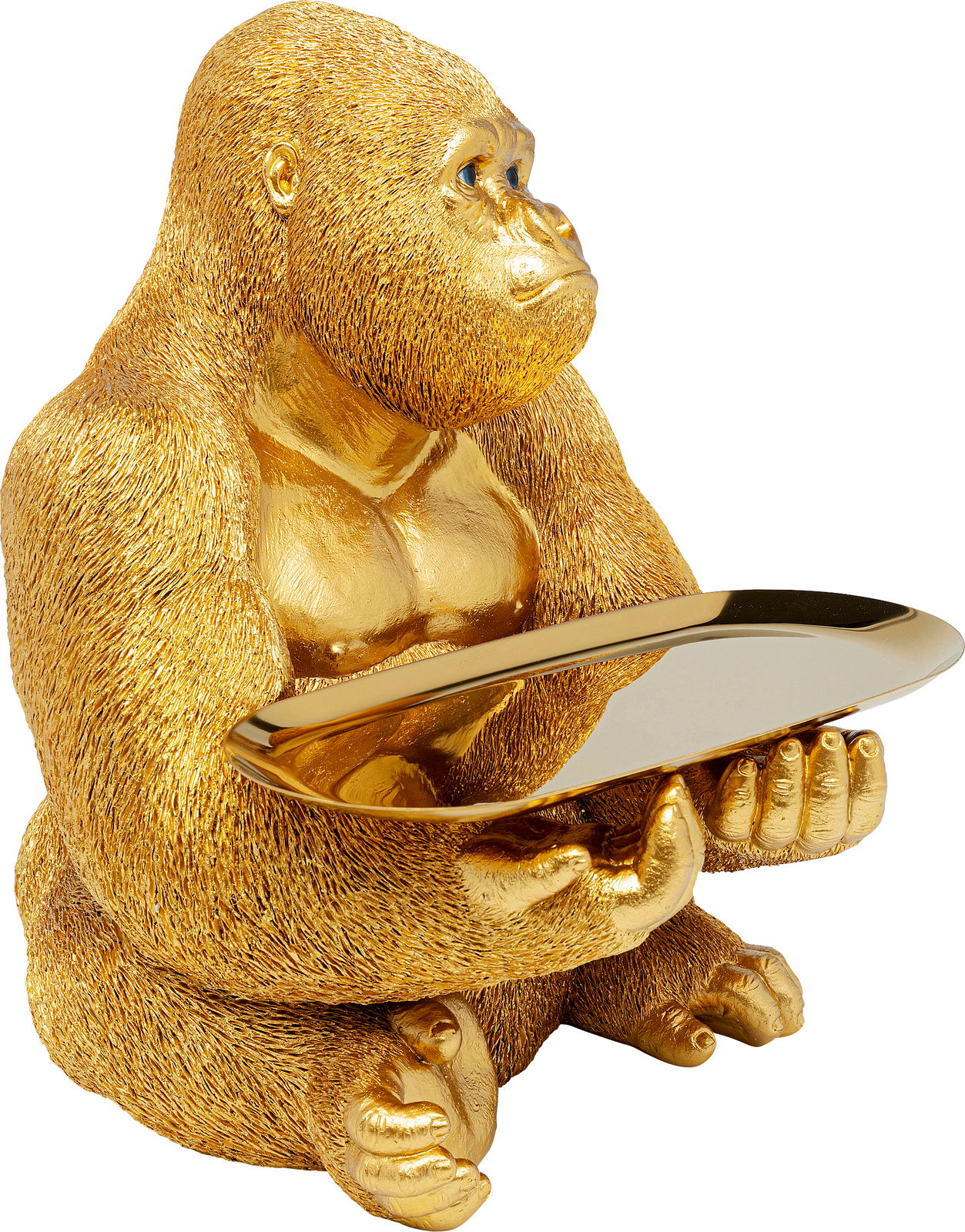 Goldene Deko-Figur eines Gorillas in Butler-Pose mit Tablett, seitliche Perspektive