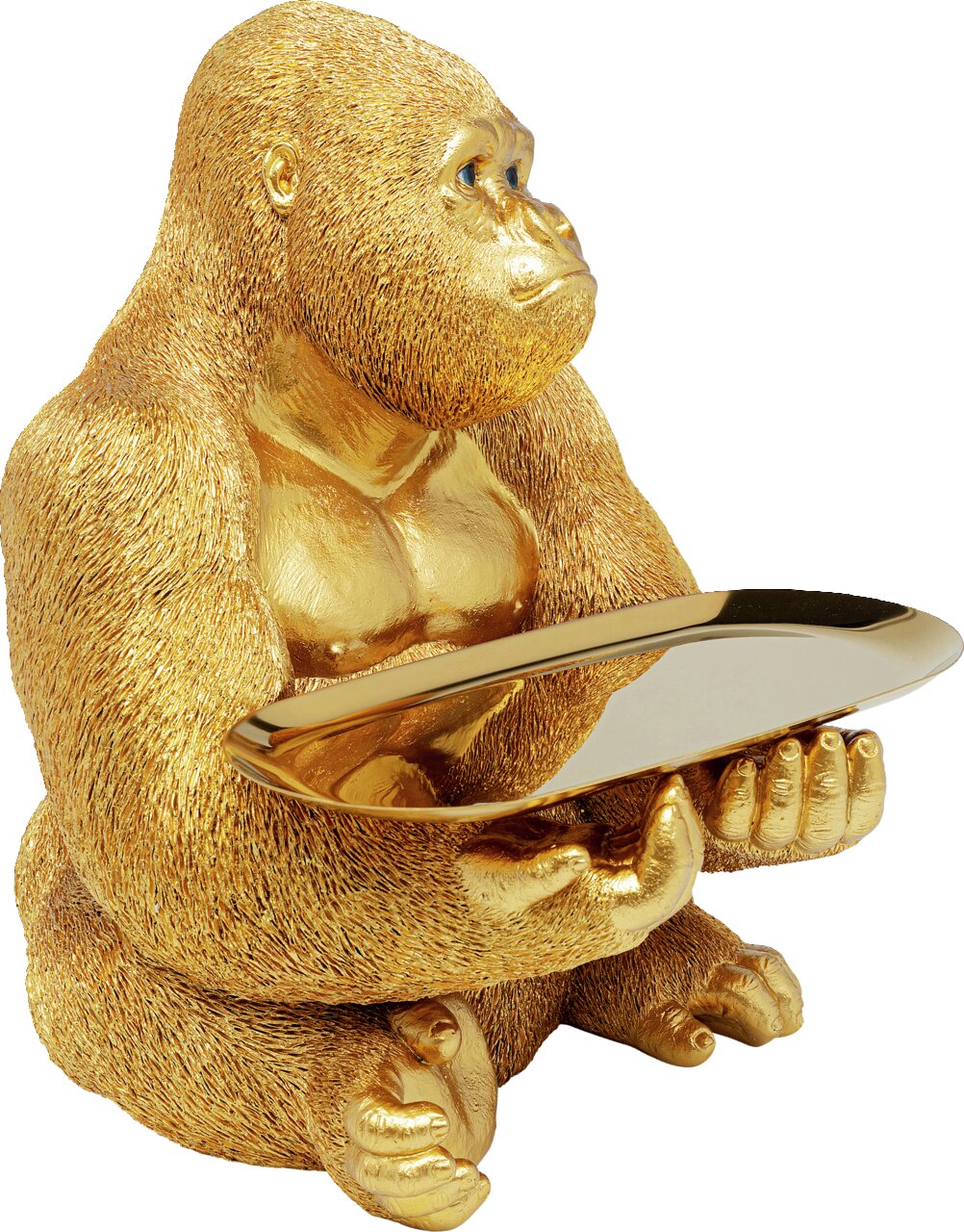 Goldene Deko-Figur eines Gorillas in Butler-Pose mit Tablett, seitliche Perspektive