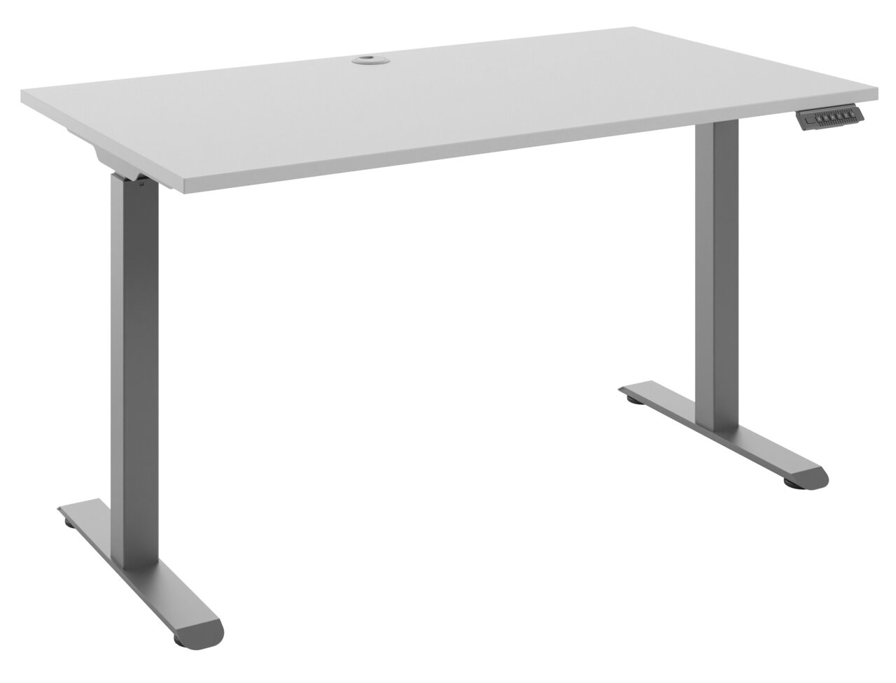 Moderner E-Schreibtisch mit grauem Gestell und weißer Tischplatte, seitliche Perspektive
