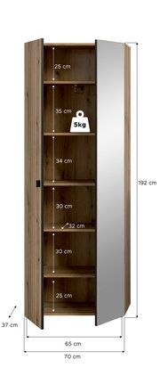 Hoher Holzschrank mit Spiegeltür, eine Tür geöffnet und Innenfächer sichtbar, Maße 192 x 70 x 37 cm, Regalhöhen markiert, Frontansicht leicht schräg von vorn.