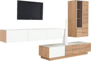 Moderne Wohnwand in Holzoptik mit weißem Hochglanz, bestehend aus einem hängenden TV-Board, einem stehenden Sideboard und einem hohen Vitrinenschrank, seitliche Perspektive.