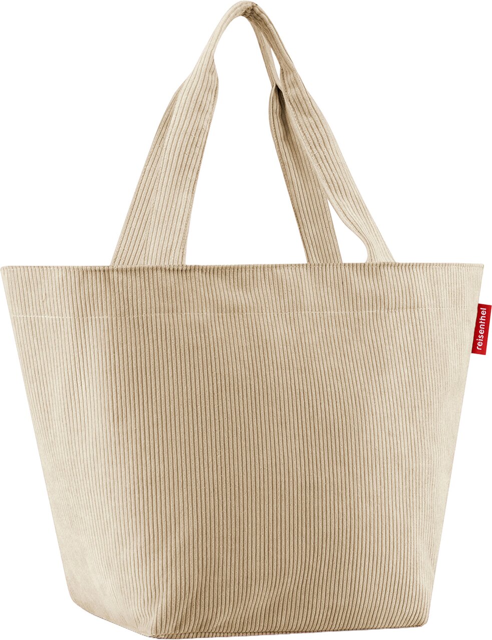 Beige Cord-Shopper/Tote-Bag mit zwei Tragehenkeln und rotem seitlichem Label, freigestellt auf weißem Hintergrund, Frontansicht.