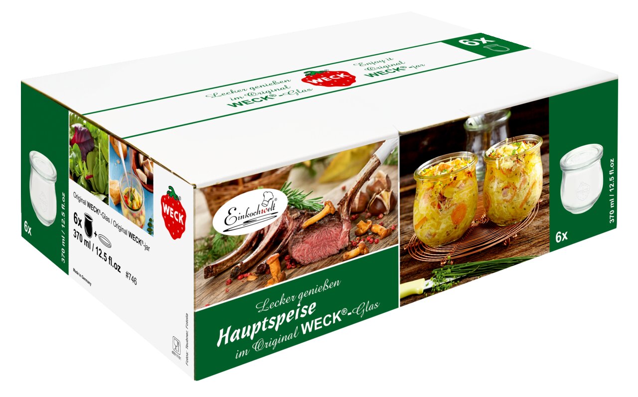 Verpackung eines 6er-Sets Hauptspeisengläser 370ml von WECK, seitliche Perspektive