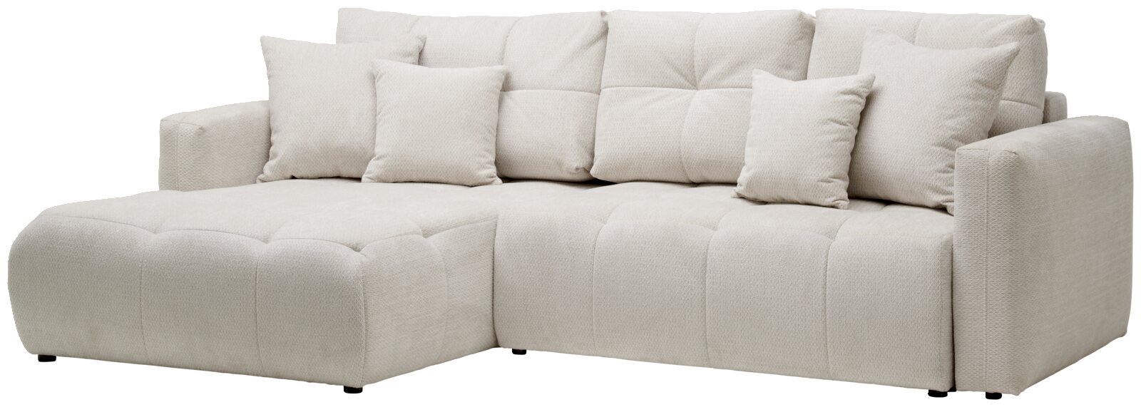 Ecksofa London in hellem Stoff mit mehreren Kissen, Perspektive von vorne links