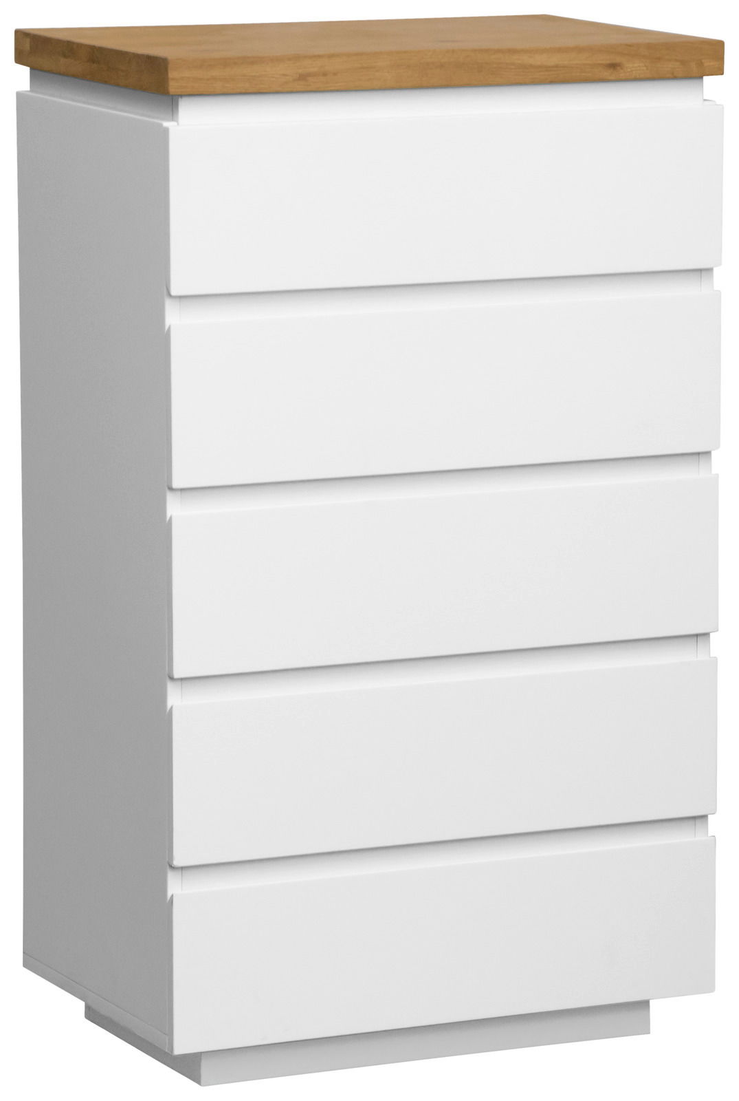 Novel Schubkastenkommode DALTON Weiße Schubkastenkommode mit fünf Schubladen und einer Holzplatte, seitliche Perspektive