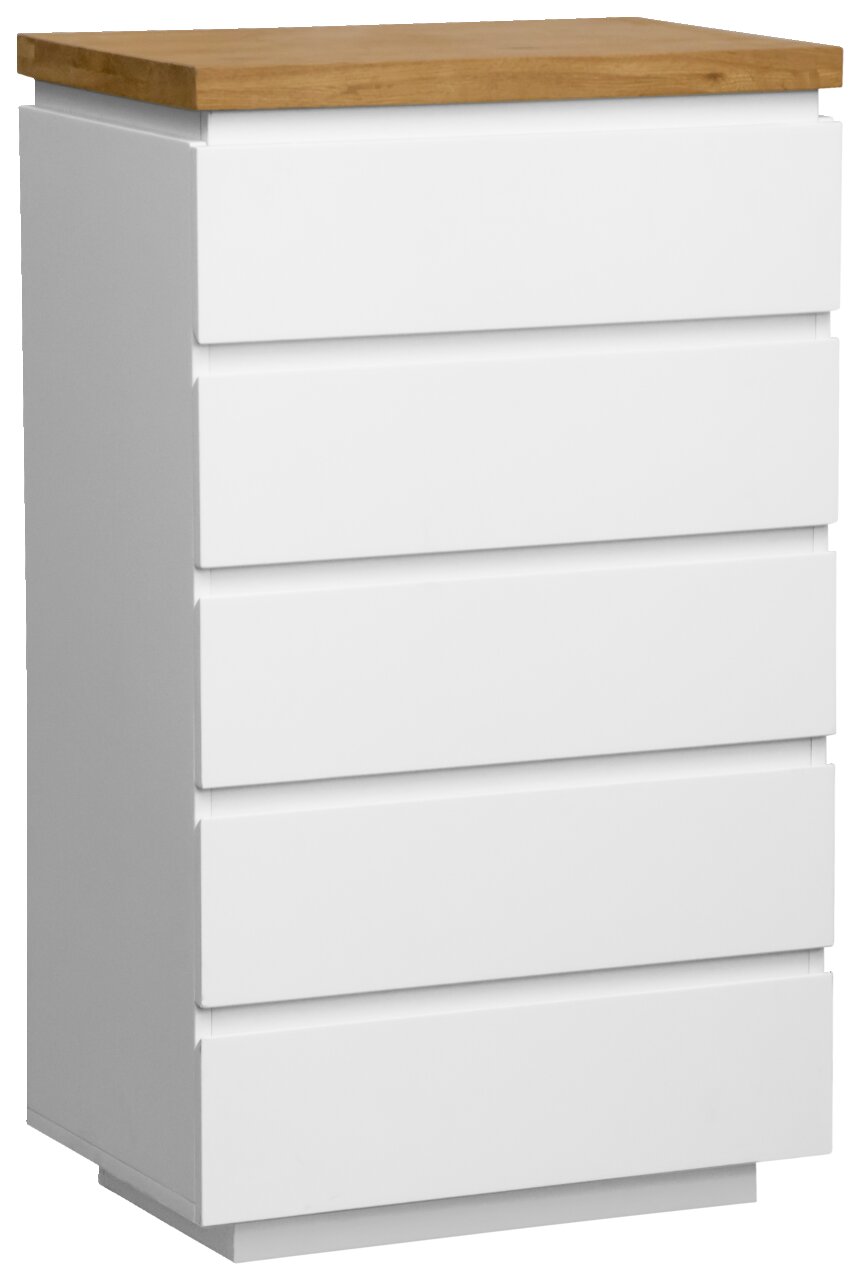 Novel Schubkastenkommode DALTON Weiße Schubkastenkommode mit fünf Schubladen und einer Holzplatte, seitliche Perspektive