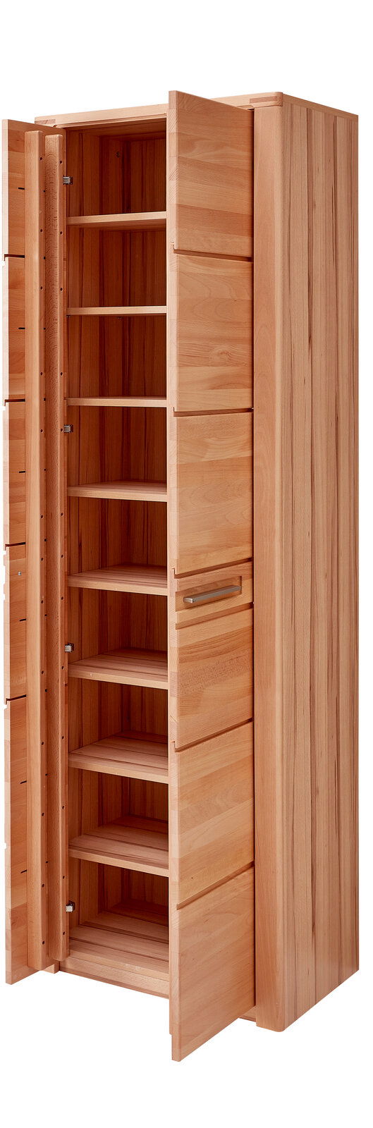 Holzschrank mit offenen Türen und mehreren Regalböden, seitliche Perspektive