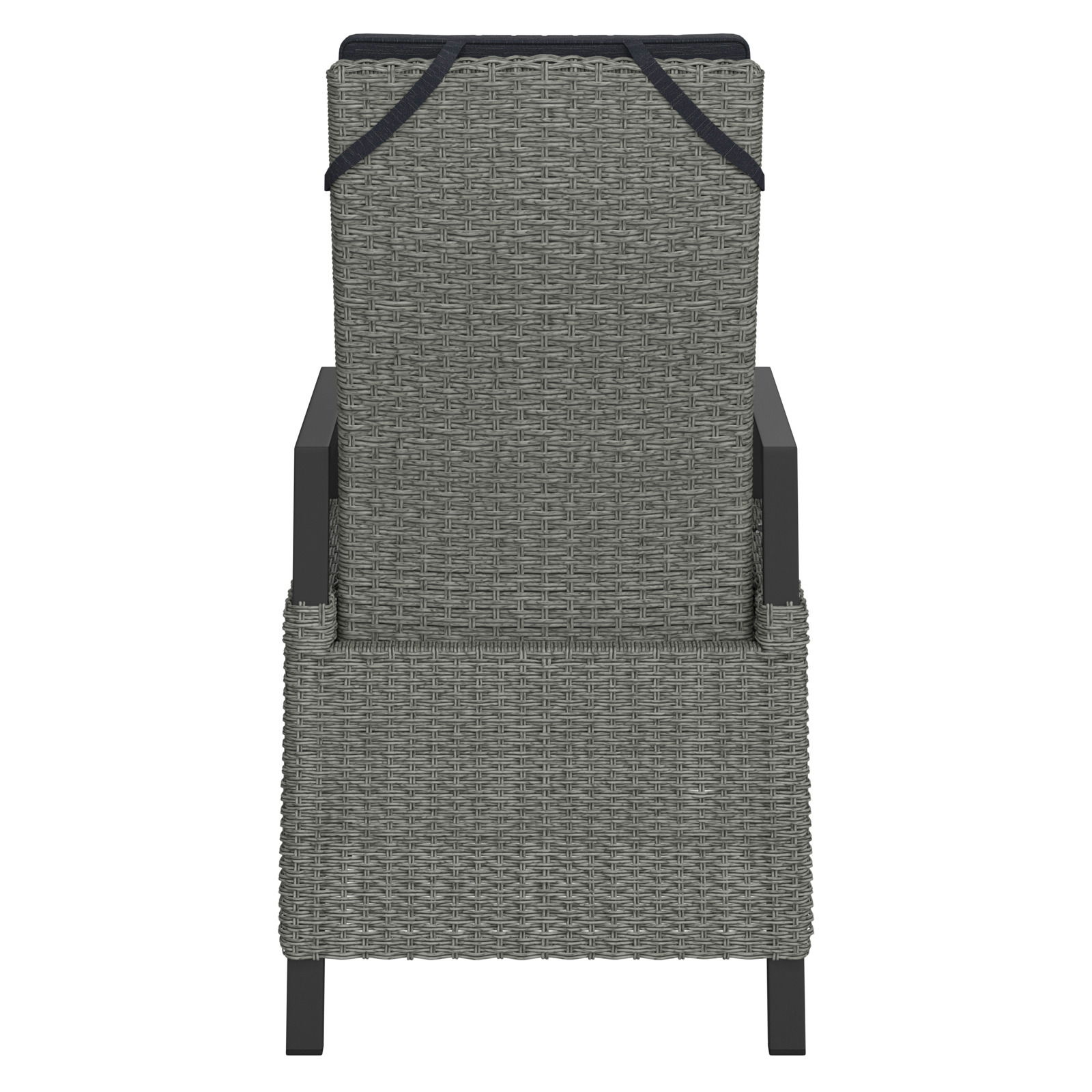 Rückansicht eines Gartensessels aus grauem Geflecht mit Armlehnen.