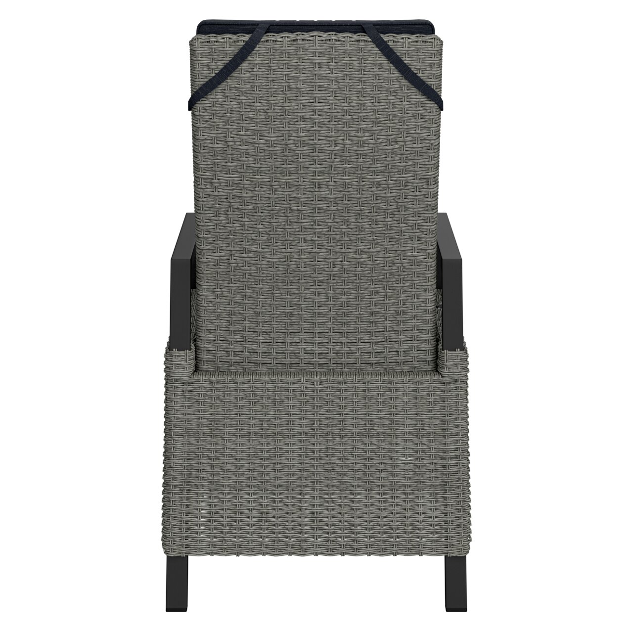 Rückansicht eines Gartensessels aus grauem Geflecht mit Armlehnen.